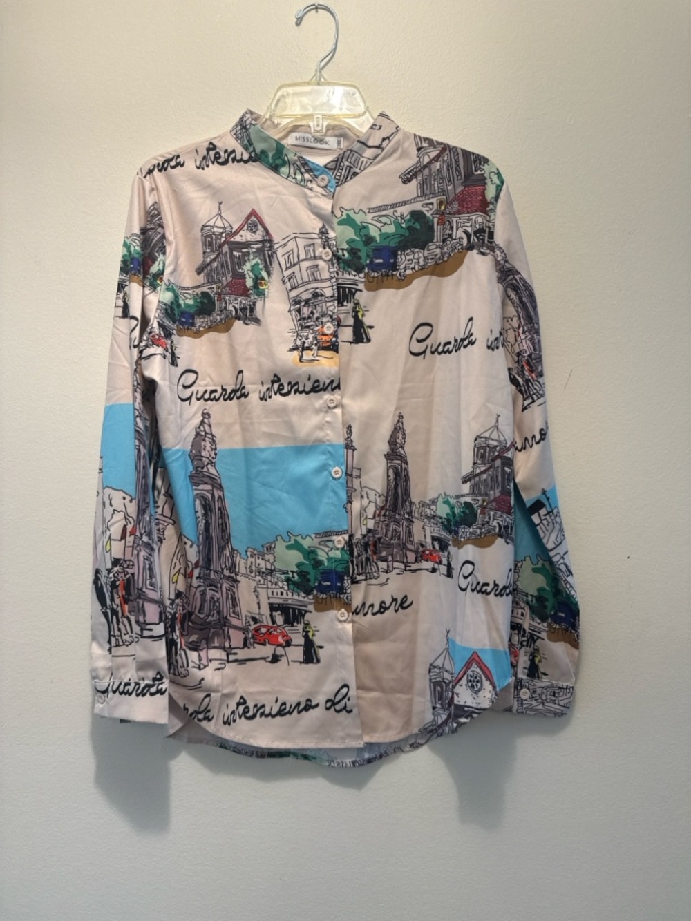 MISSLOOK Beige Button-Down Shirt with Blue and Green City Print